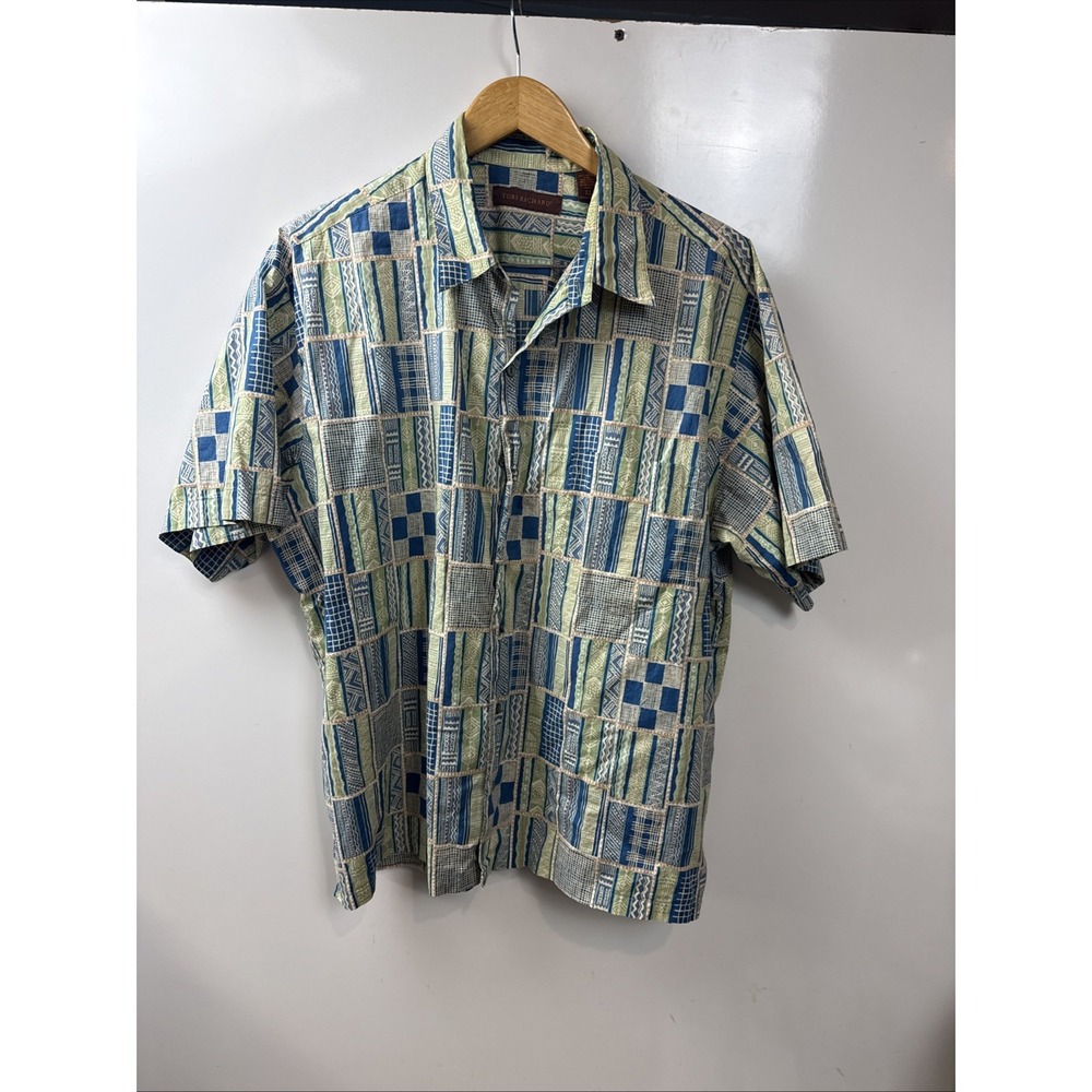 Tori Richard Men's Hawaiian Shirt Blue, Button-Up, Short Sleeve, Cotton Large